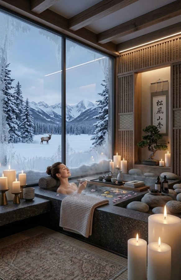 Snow-view bath retreat with candles and mountain panorama