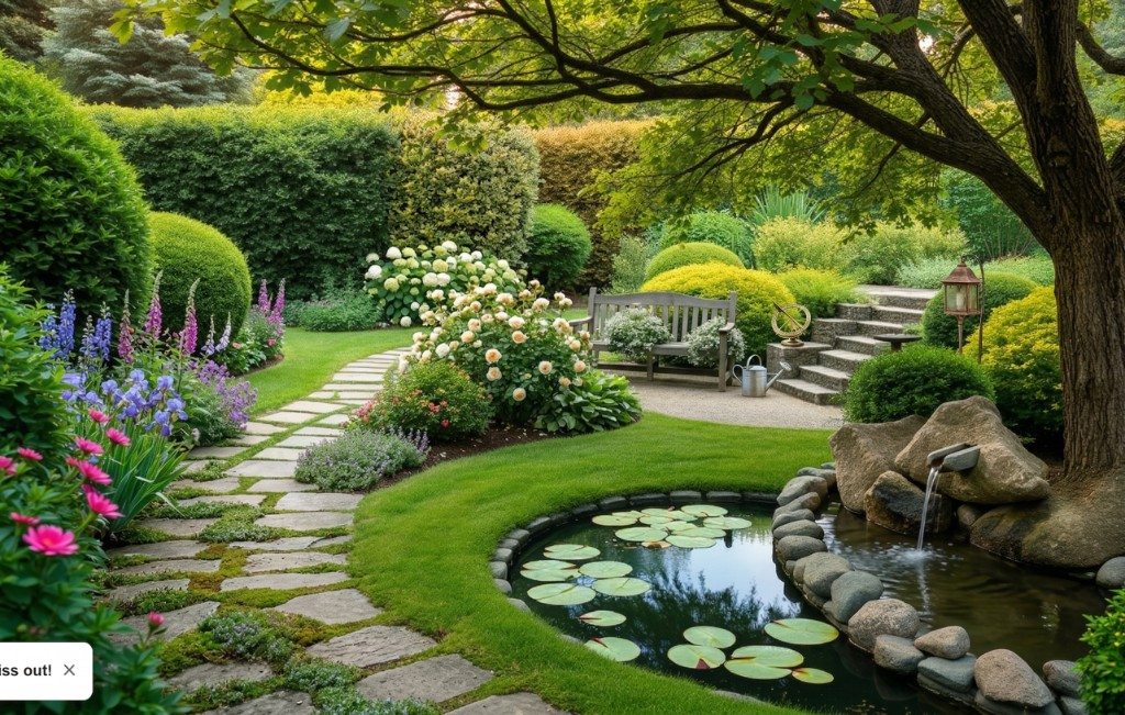 Lush garden path with pond and trimmed greenery