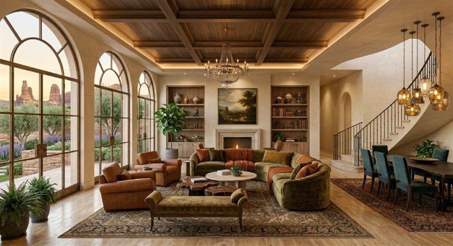 Warm desert-view living room with arched windows