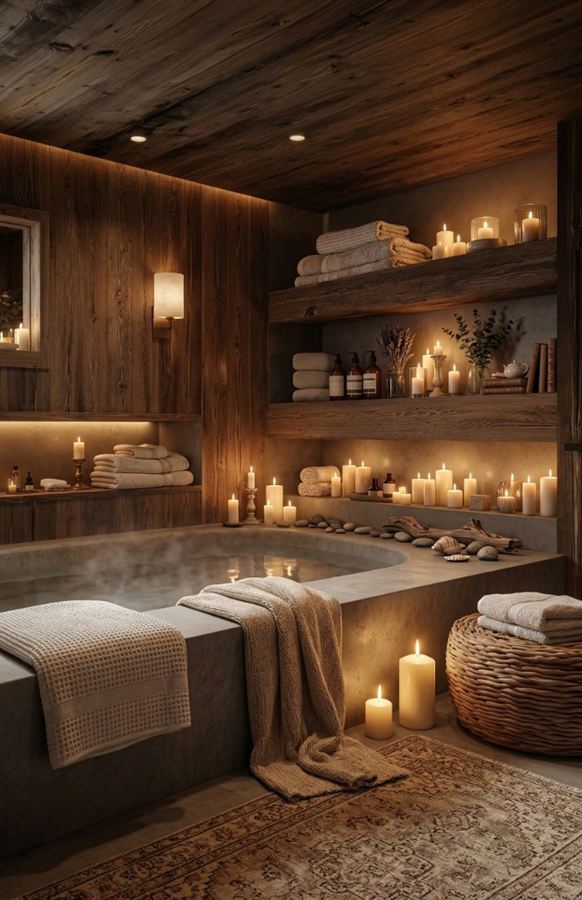 Candlelit spa bathroom with warm wood finishes