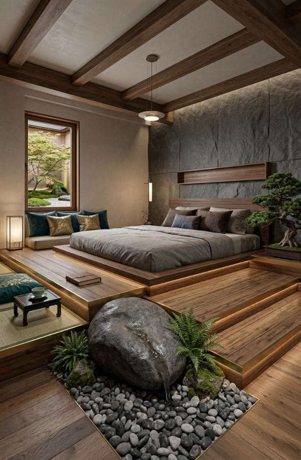 Zen bedroom with stone accents and timber platform bed