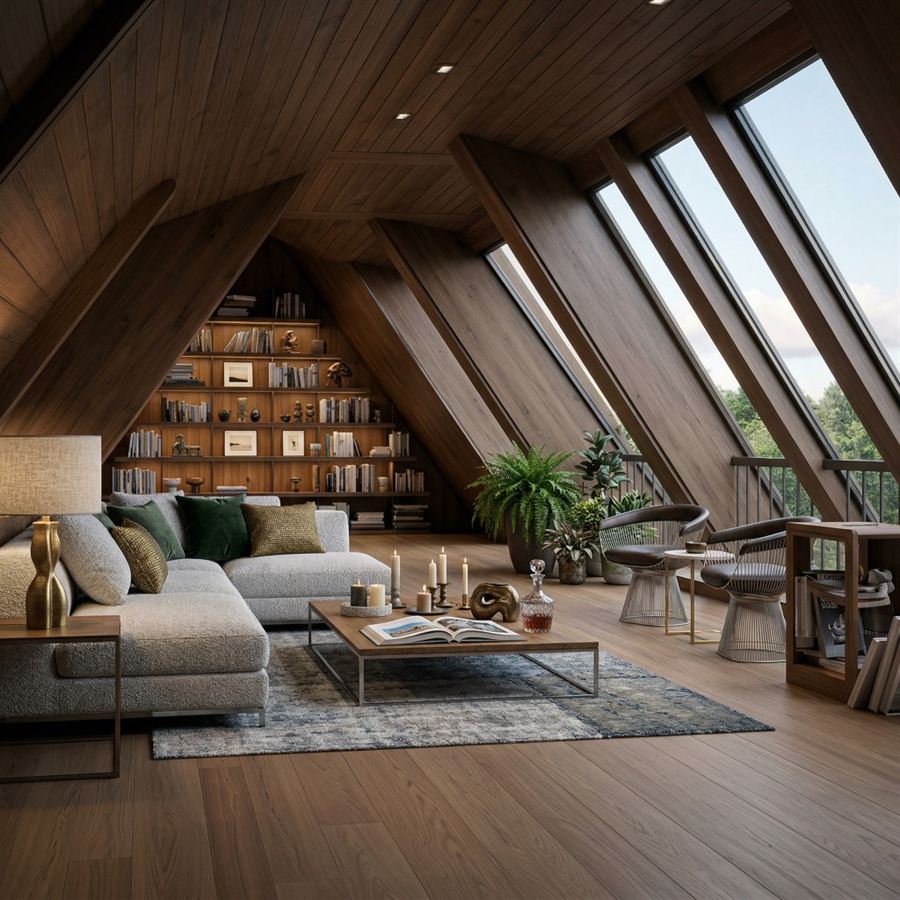 Cozy attic lounge with dramatic skylight windows