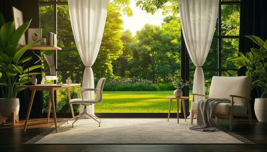 Bright styled room with garden view