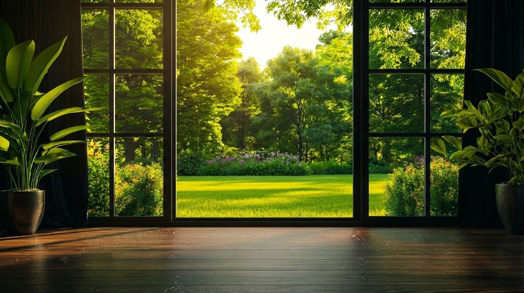 Room before furnishing with open garden view