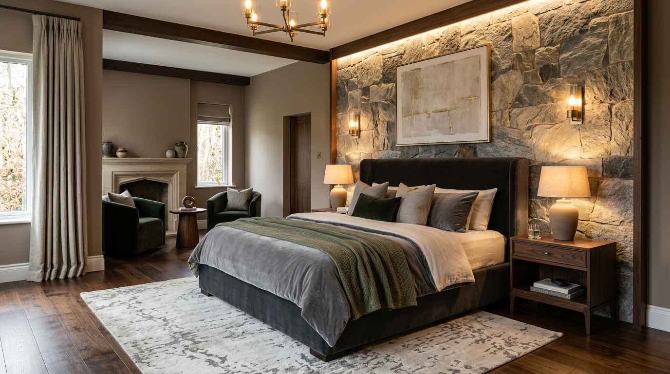 Luxury bedroom with velvet and stone